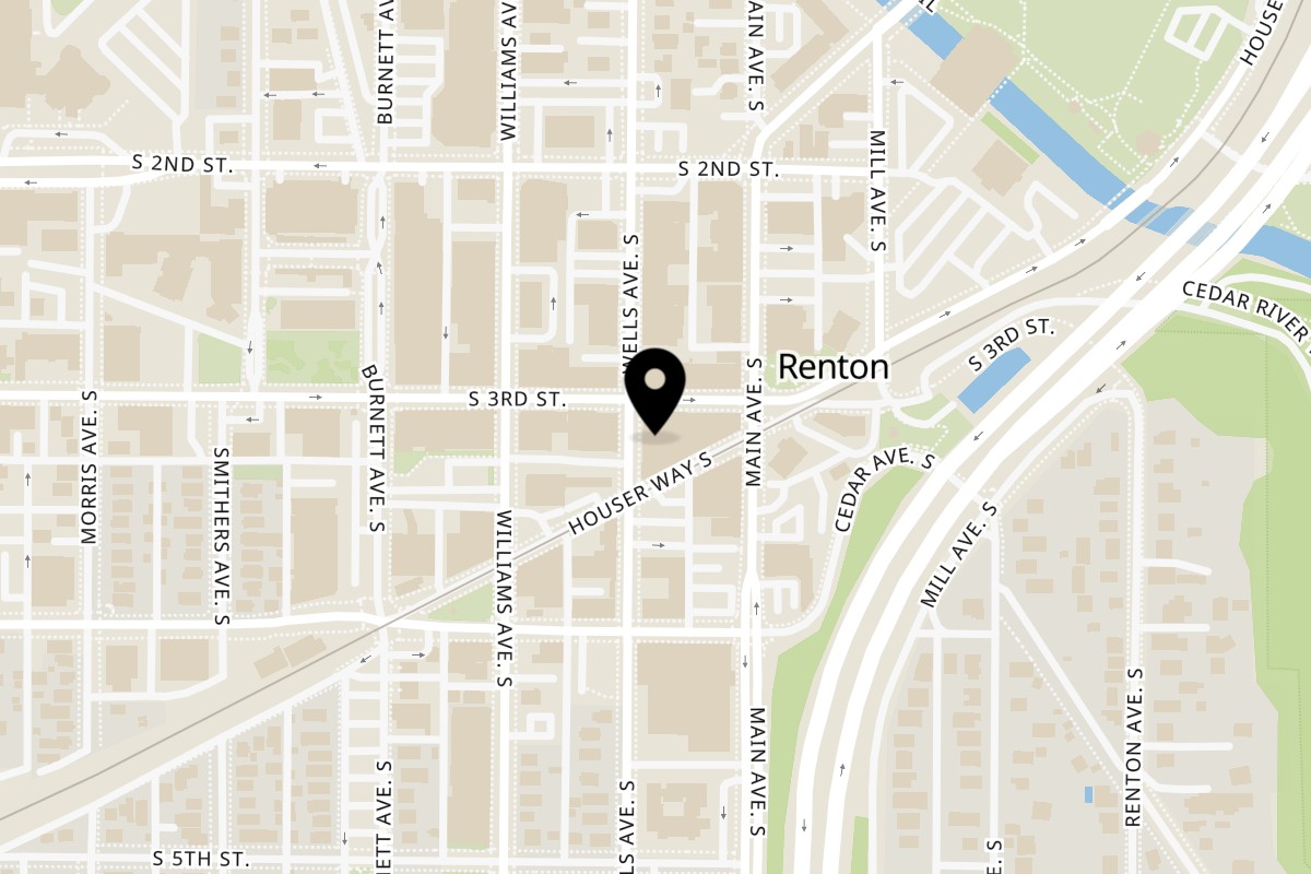 Map showing the location of Cedar River BBQ on 304 Wells Ave S in Renton